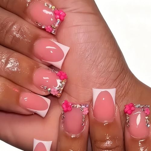 Press on Nails Duck Shaped Glossy Full White French and Pink Floral Rhinestone