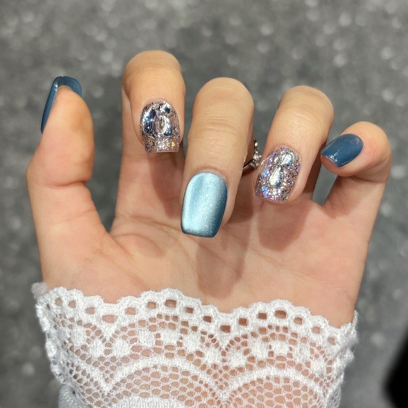 10Pcs Handmade Squoval Nails, Glitter Sequins, Elegant for Party & Daily Use