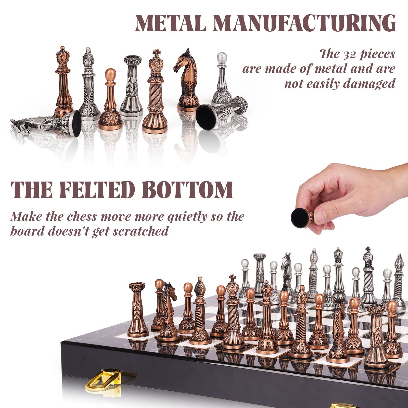 Retro Metal Chess Set for Adults 15.1 inches x inches, Bronze, Silver