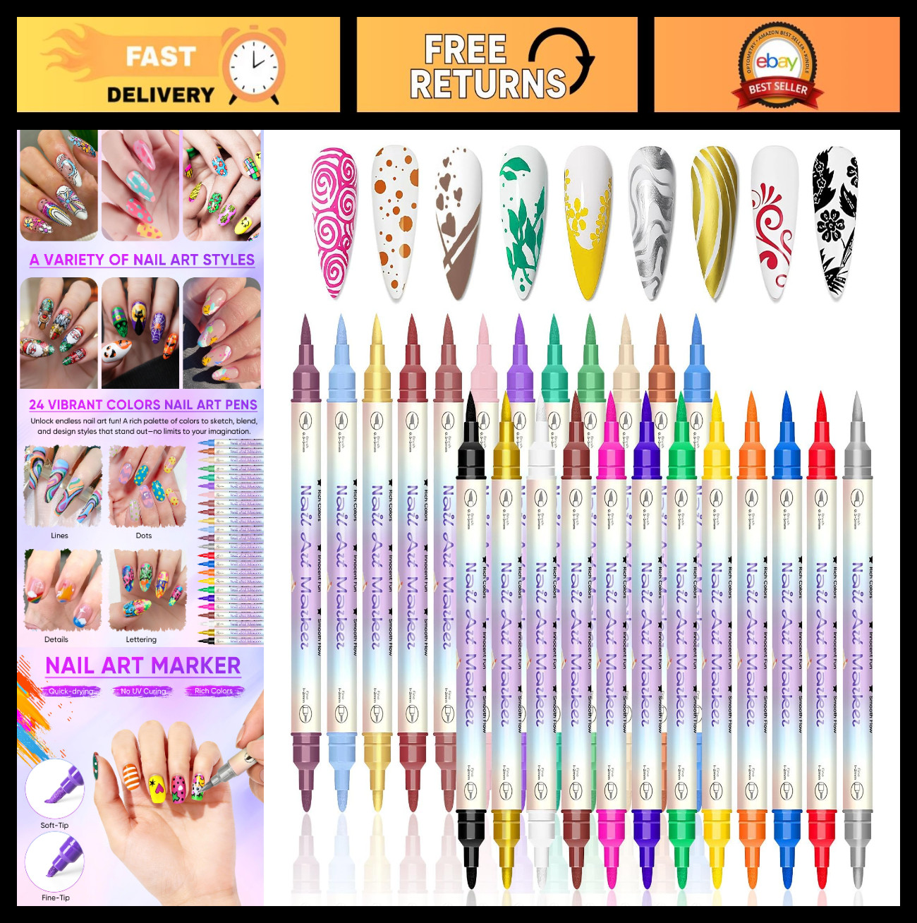 24 Color Dual-Ended Nail Art Pens Set, Quick-Drying Markers for DIY Nail Design