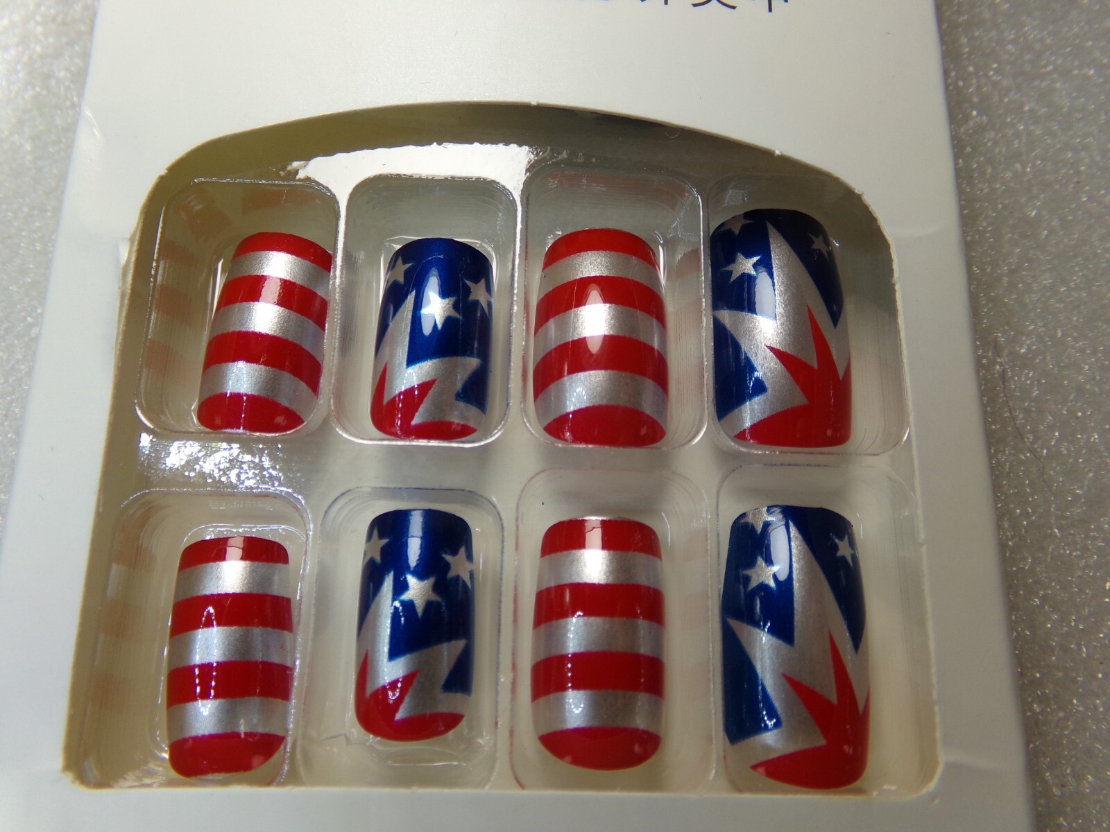 Adorable 4th of July Nails Metal Finish Red Silver & Blue GLUE ON Medium