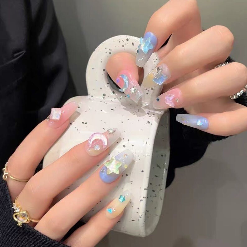 10 Piece 3D Reusable Handmade Press On Nails Shiny Stars