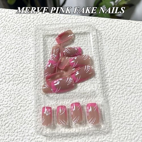 Medium Square Press on Nails – Hot Pink French Tip Glue ons Flower 21205 Pink