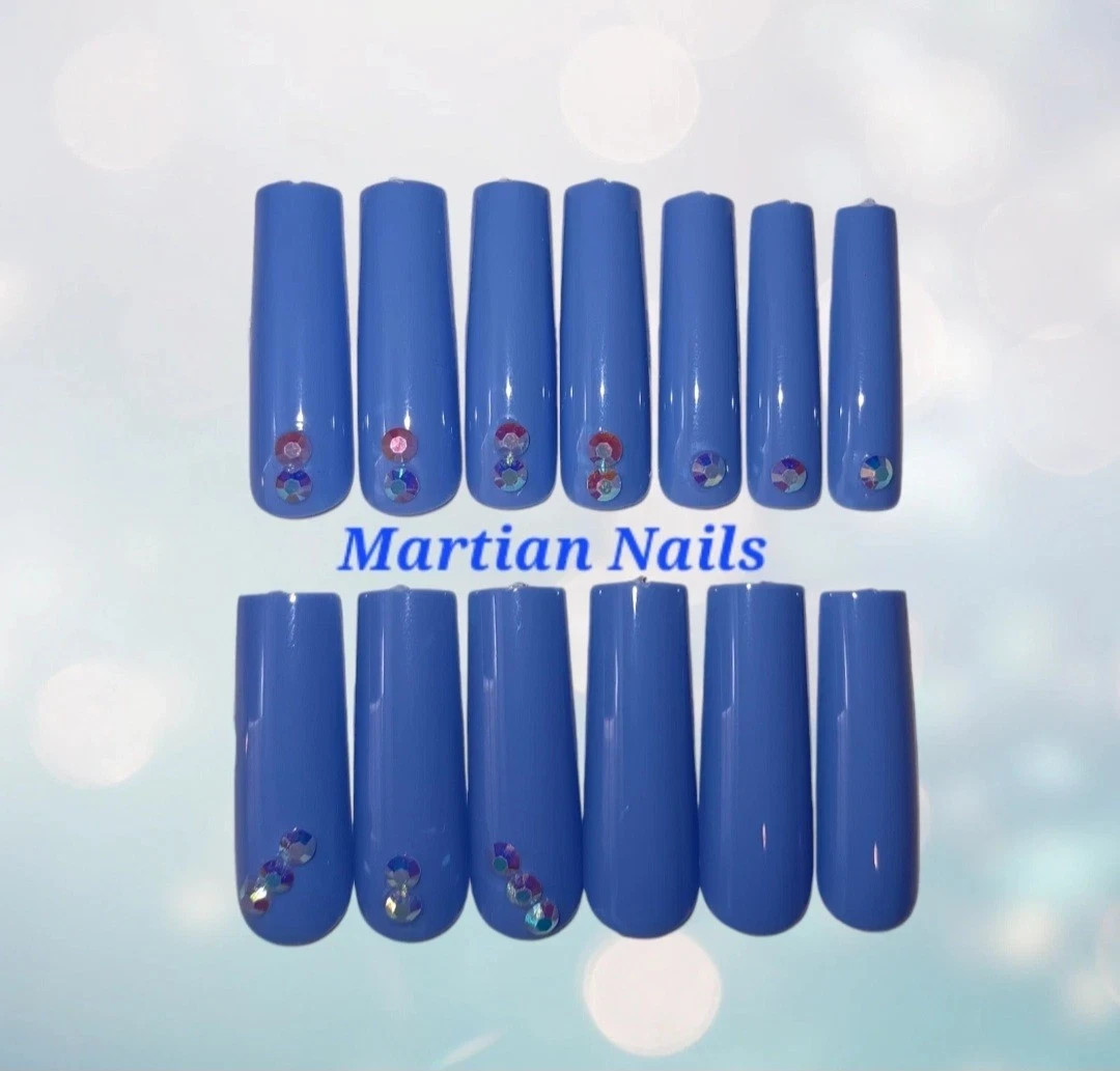 (New) Royal Blue Ice Glam Long 24 Count Square Shape Nail Set /W Nail Glue
