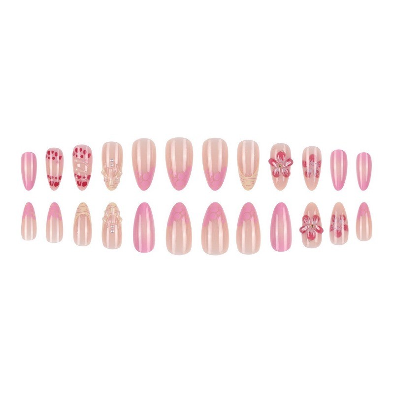 48pcs Sweet Pink Spring 3D Flower Wearing Medium Long Pointed Press On Nails