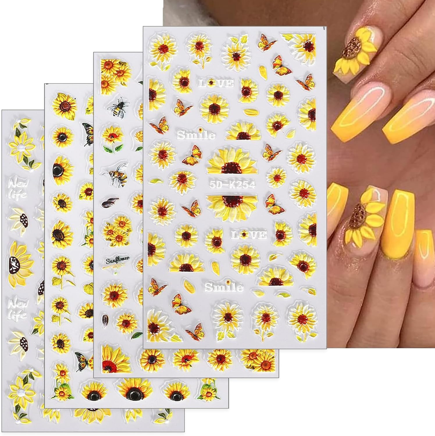 5D Embossed Sunflower Nail Art Stickers Self-Adhesive Flower Nail Decals Engrave