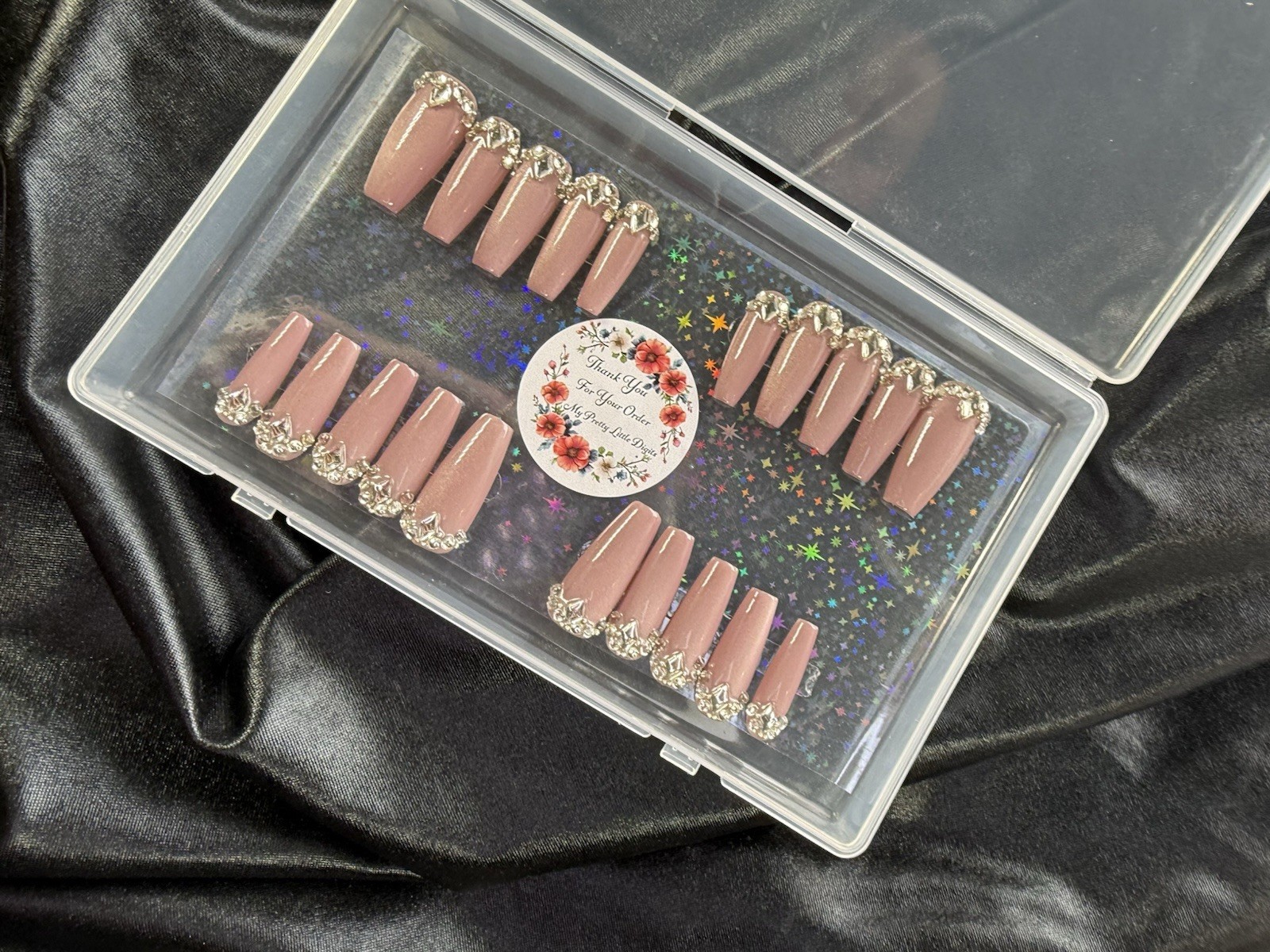 Handmade Press On Nails, Mauve With Diamond Setting In XL~Includes Free Gifts💝