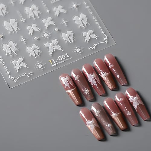 Lace Bow-Knot Nail Art Stickers 5D Embossed White Lace Pearl Bow Nail Stickers