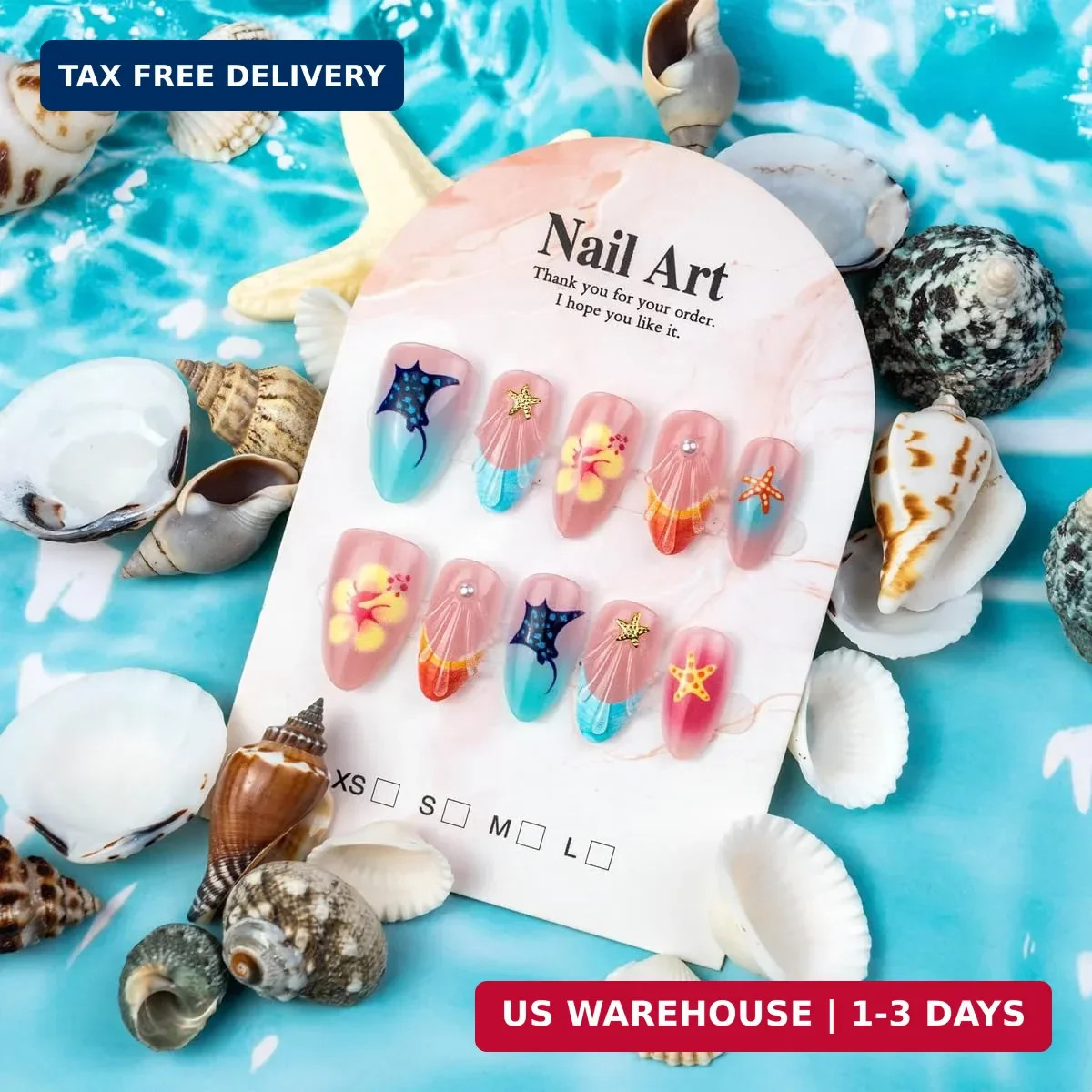 Summer Press on Nails – Short Almond Fake Nails with Seashell,Starfish Design,Co