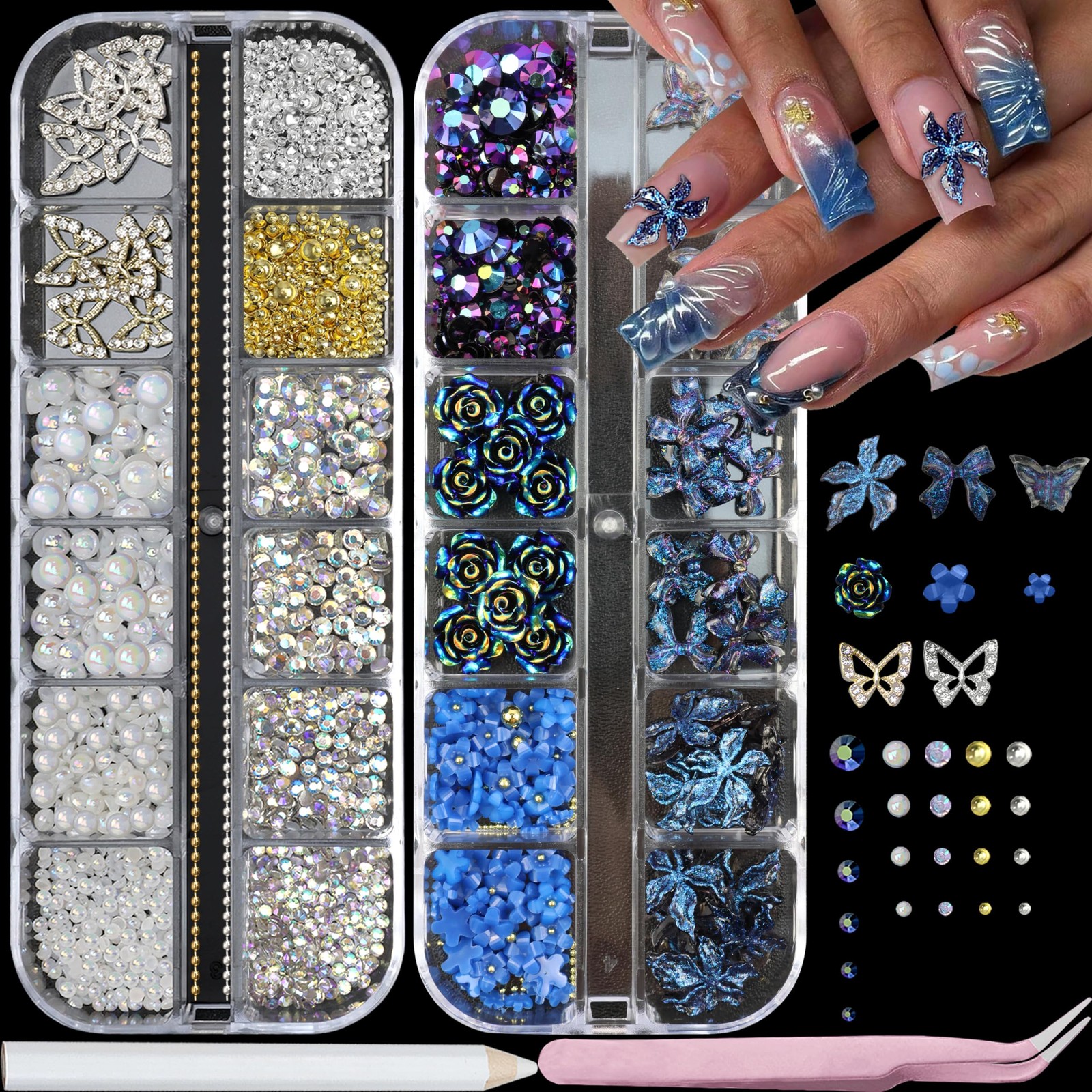 2 3D Flower Nail Charms,Nail Gems Butterfly Heart Bow Flatback Pearl Nails Rh…