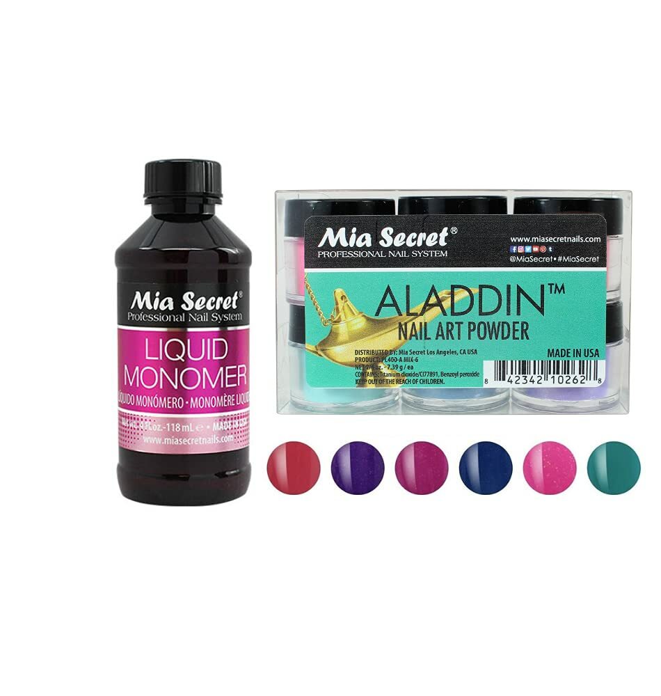 New Mia Secret Monomer 4 Ounce + ALADDIN Nail Art Powder 6 Colors Collection Set