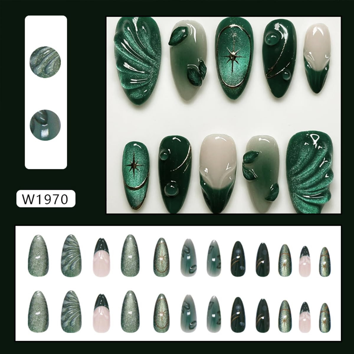 24Pcs Glitter Green Press on Nails Medium Almond Fake Nails with 3D Green Leaves