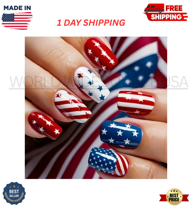 24Pcs 4Th of July Press on Nails Short Square Nails White French Tip Fake Nails