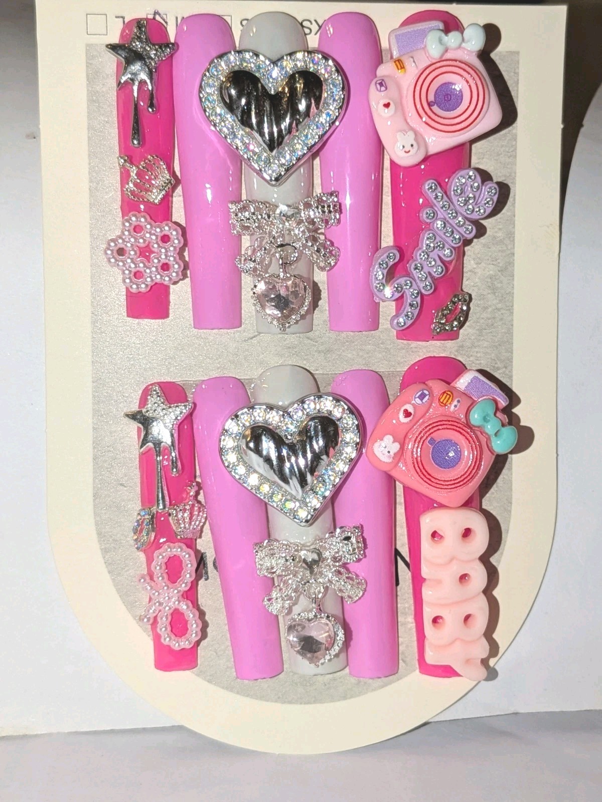 Handmade 3xl Acrylic Pink Rhinestone Heart & Bow Decorative Press-On Nails Sz L