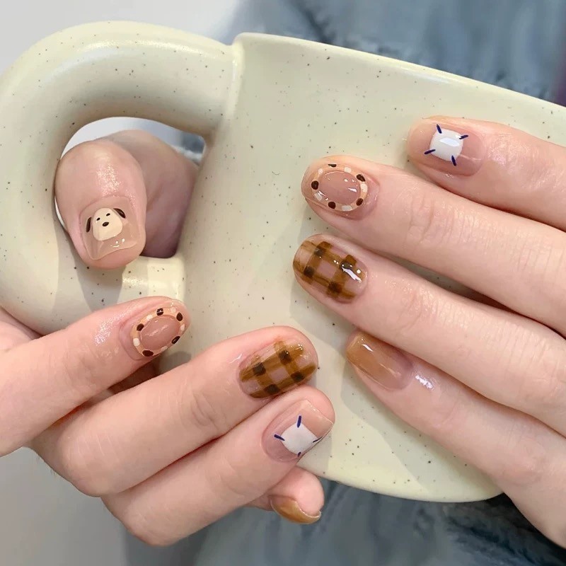 10pcs Cute Beige Press-On Nails with Dog Face & Plaid Design – Medium Square
