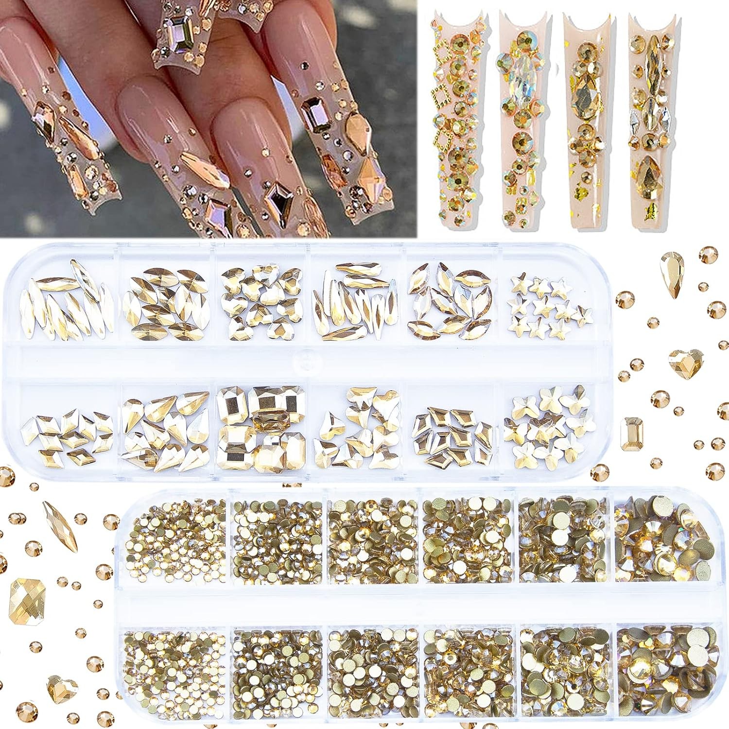 2120 Pcs Champagne Gold Crystal Nail Rhinestones Round Beads Flatback Glass Gems