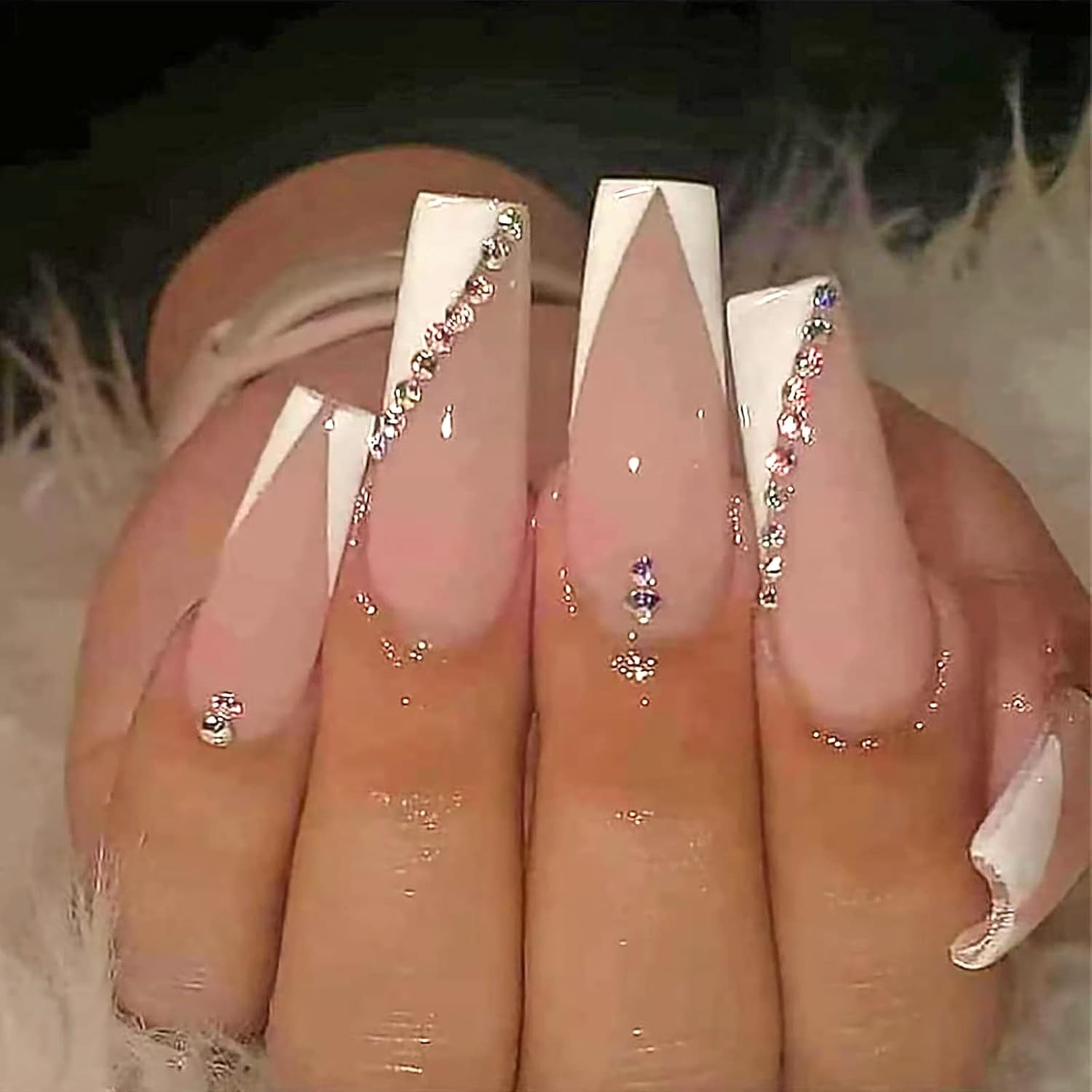 Elegant French Tip Press-On Nails with Pink & White Rhinestones, Coffin Shape