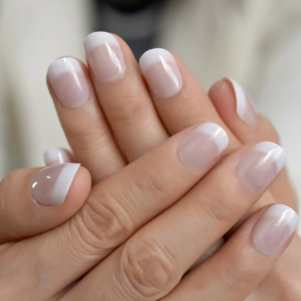 Ombre French White Tip Gradient Short Press On Nails Wit Glue Pink nude natural