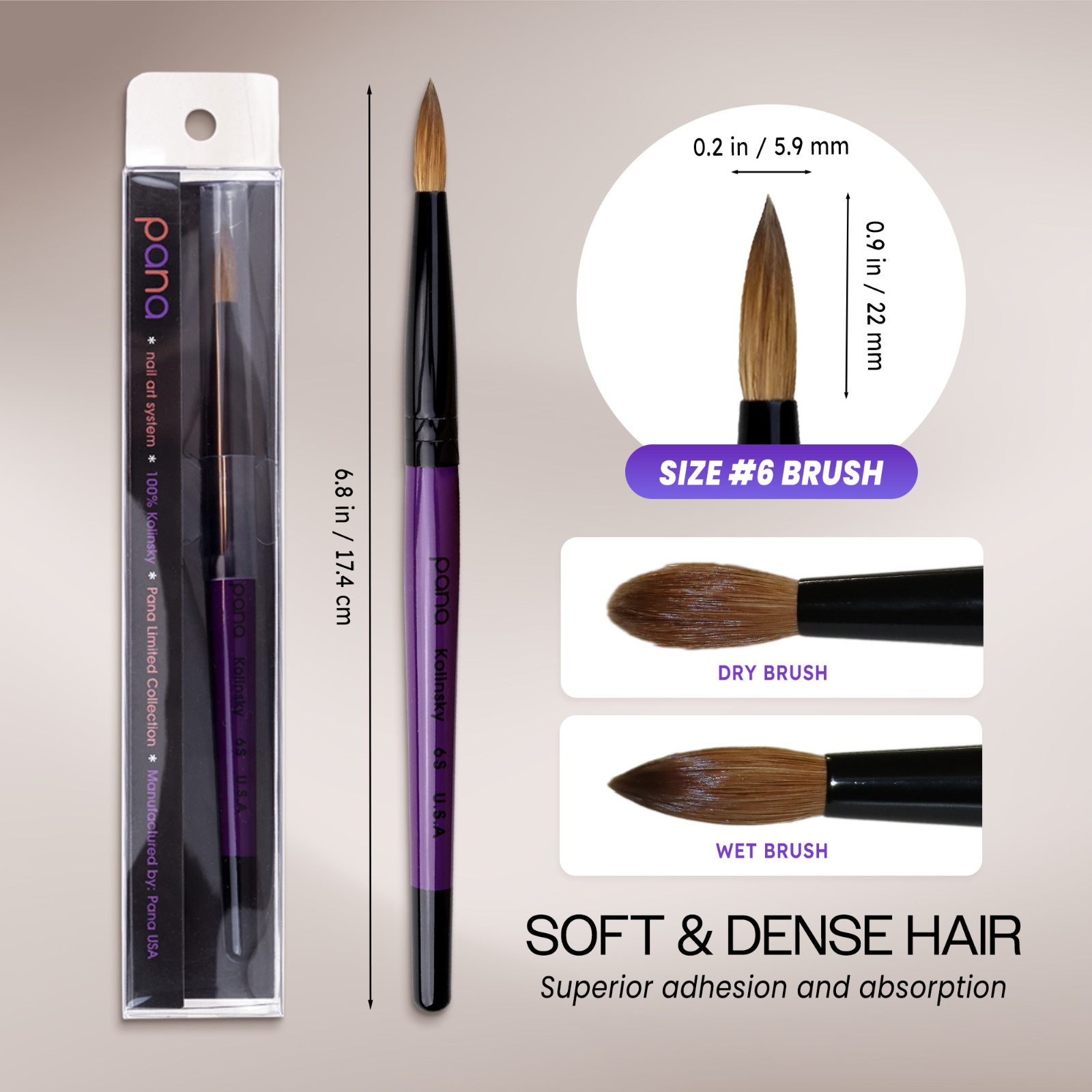 Pana Professional 100% Kolinsky Acrylic Nail Art Brush with Purple Wood Size 6