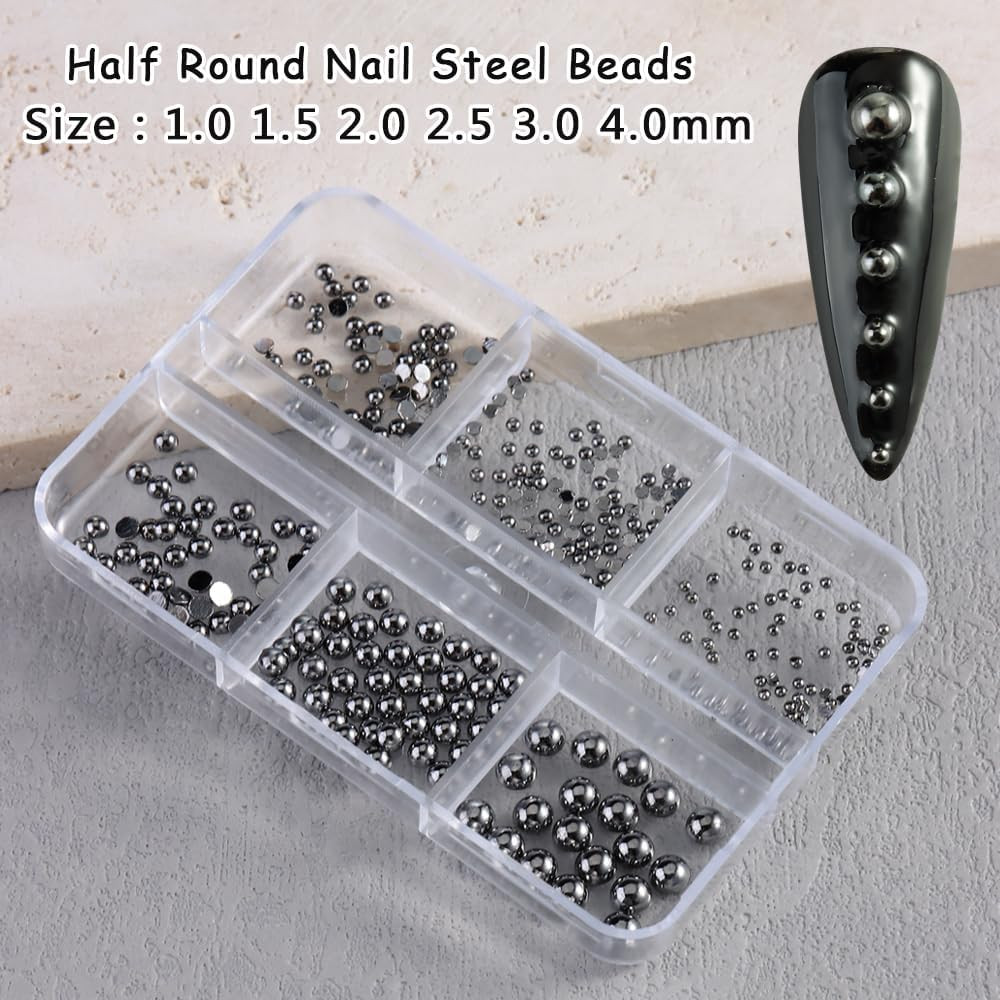 Mixed Sizes Half round Steel Beads 3D Nail Charms, Black Flatback Metal Caviar B