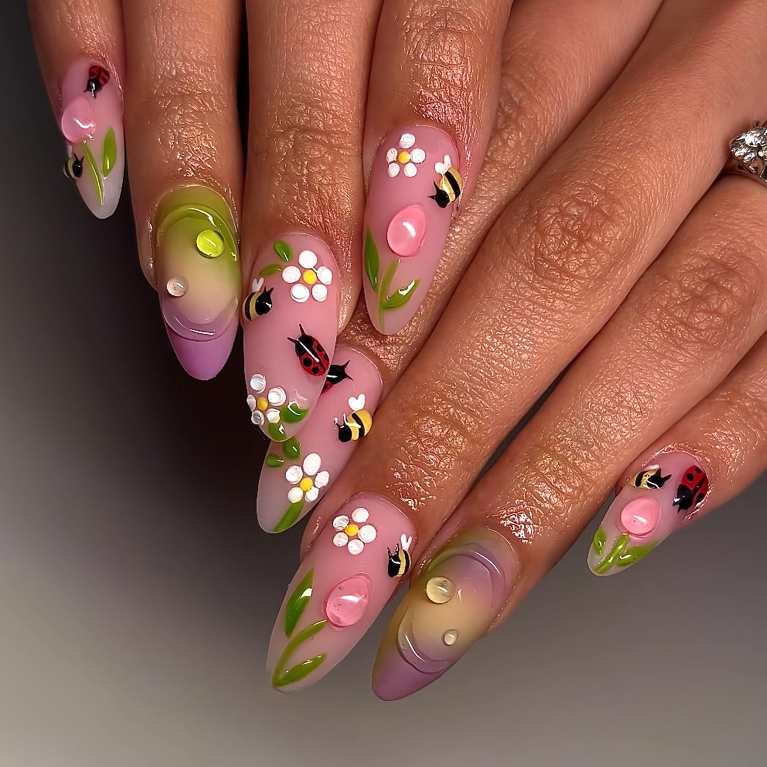 24Pcs Flower False Nail Medium Almond Colorful Floral 3D Cute Bee ladybug wit…