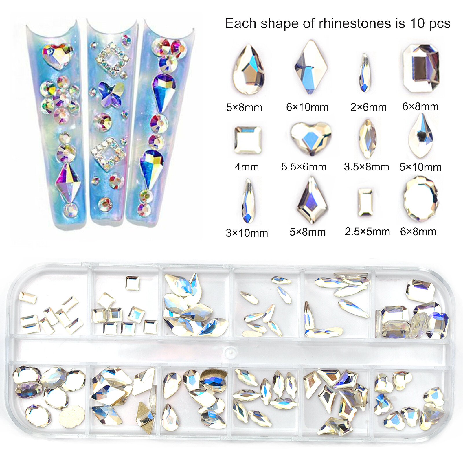 12Box/Set Crystal Rhinestone Diamond 3D NON hotfix Nail Art Decoration 120pcs