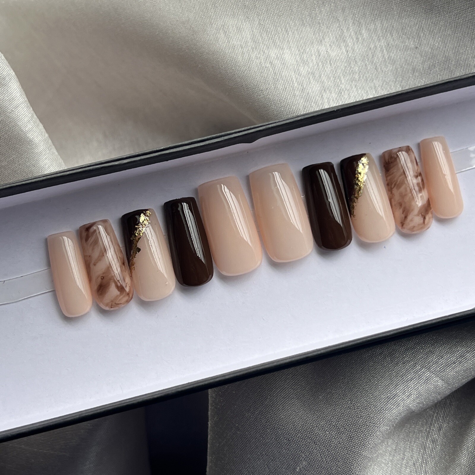 🔥CUSTOM Gel Press On False Nails, NUDE BROWN GOLD, Med square , 10p w/ FULL KIT
