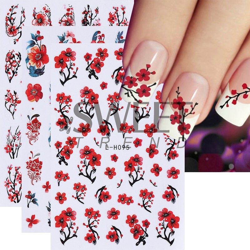 3Sheets Red Nail Art Stickers Decals Hibiscus Cherry Flowers Floral Wasp NH28