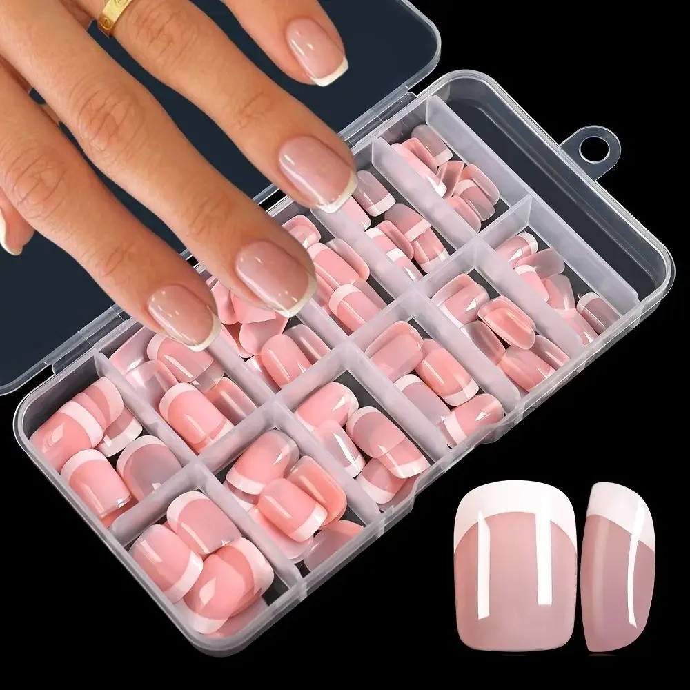 120PCS Pink French Tip Press On Nails Short Square Full Cover Fake Nails Reusabl