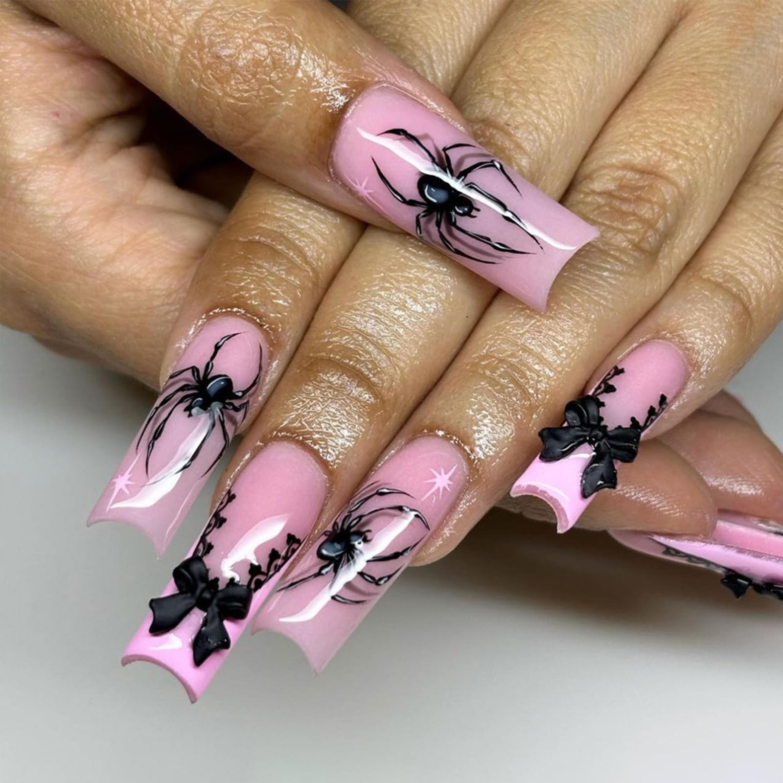 24Pcs Pink Halloween Nails Long Square Press 1 Ounce (Pack of 1), Multicolor
