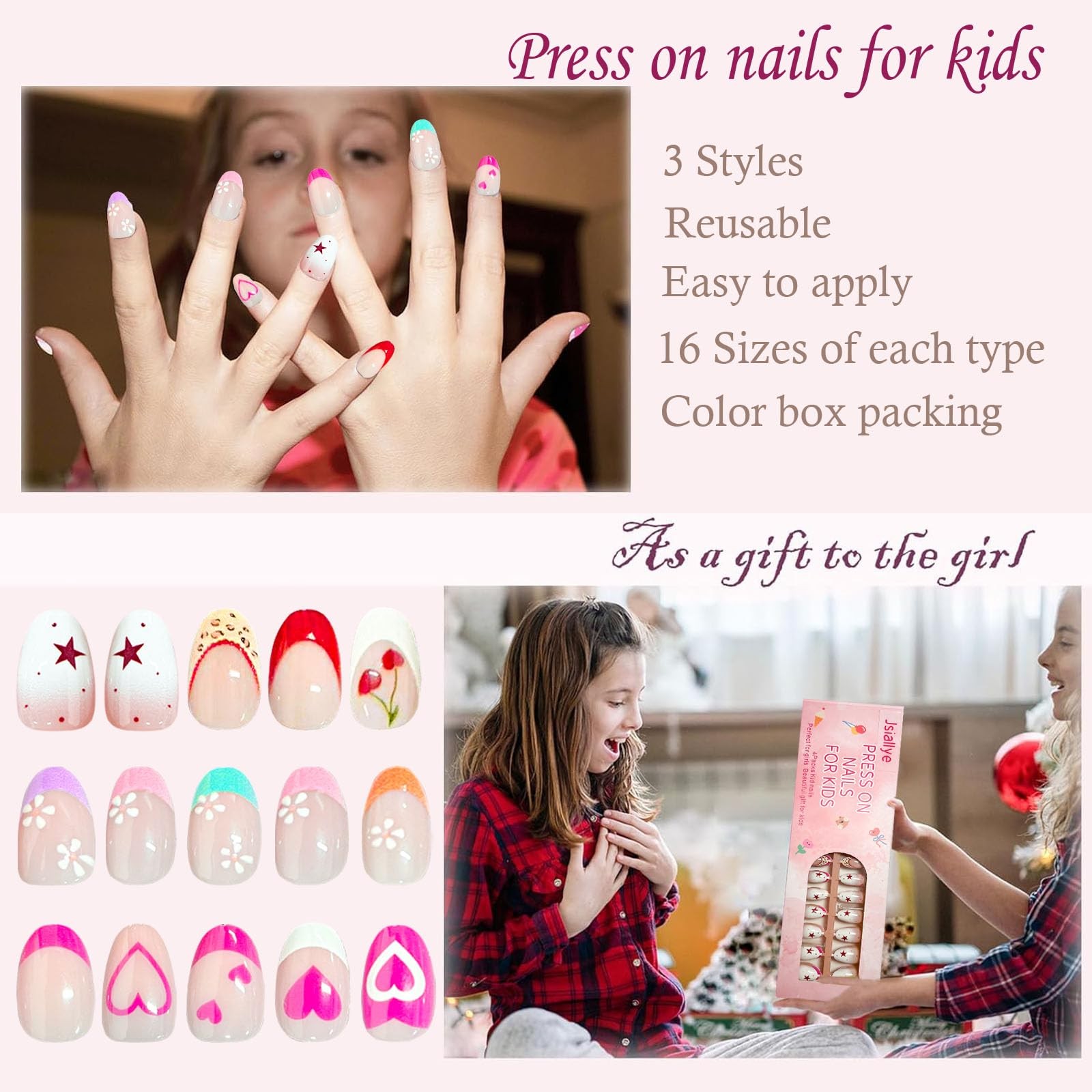 Jsiallve 96Pcs Short Oval Press on Nails for Girls, 16 Size, color pattern 3p