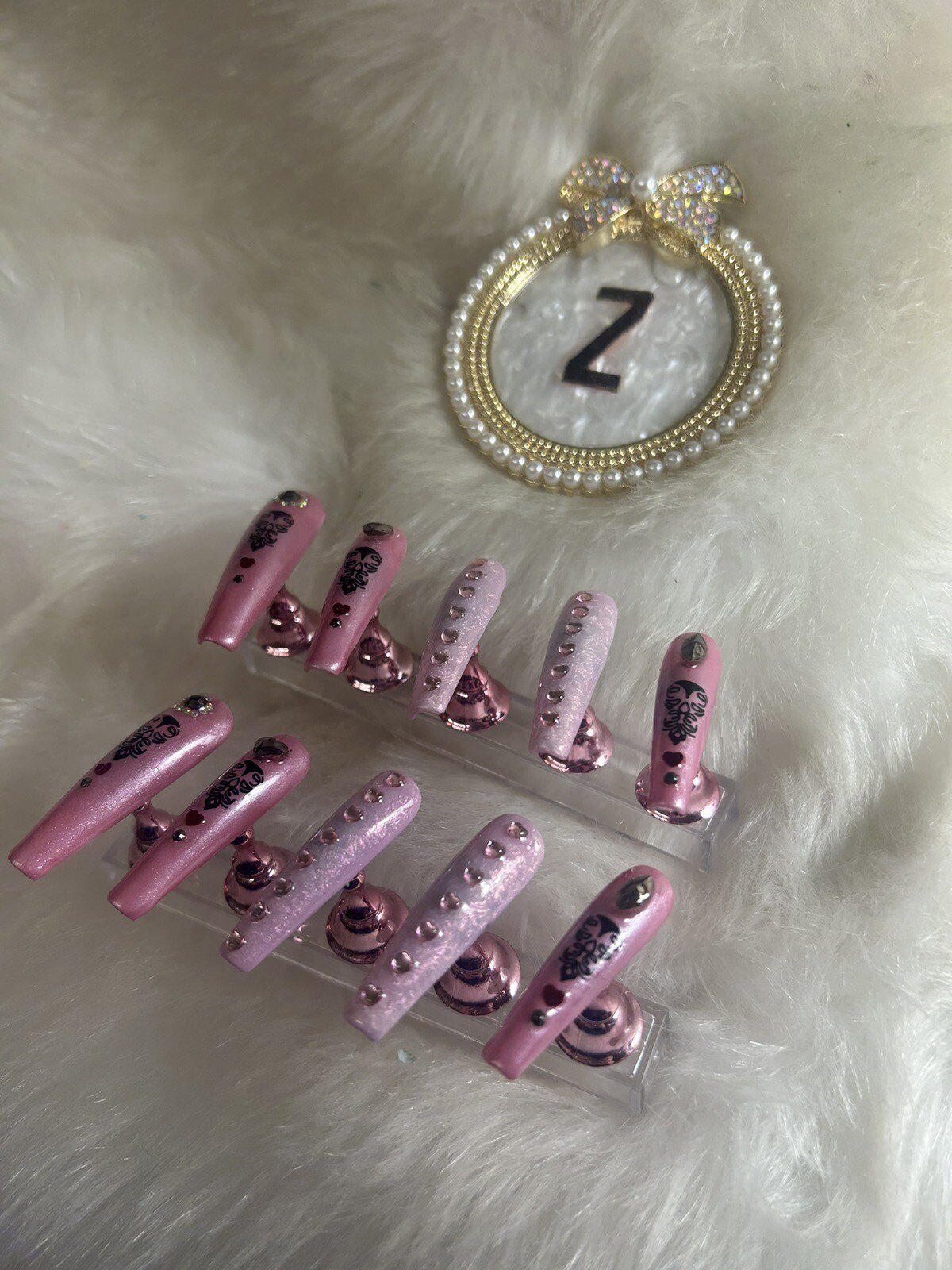 Z NAILZ! 10 Pc Handmade Set 2XL Coffin Pink W/heart Stones Shiny Press On Nails