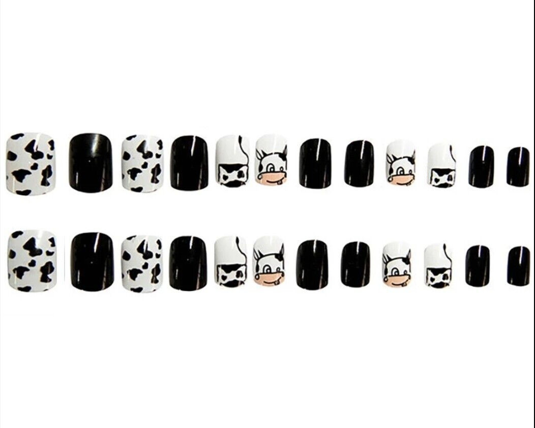 24 Cow Print Short Black White Press On nails design gothic ima cow moo doja cat