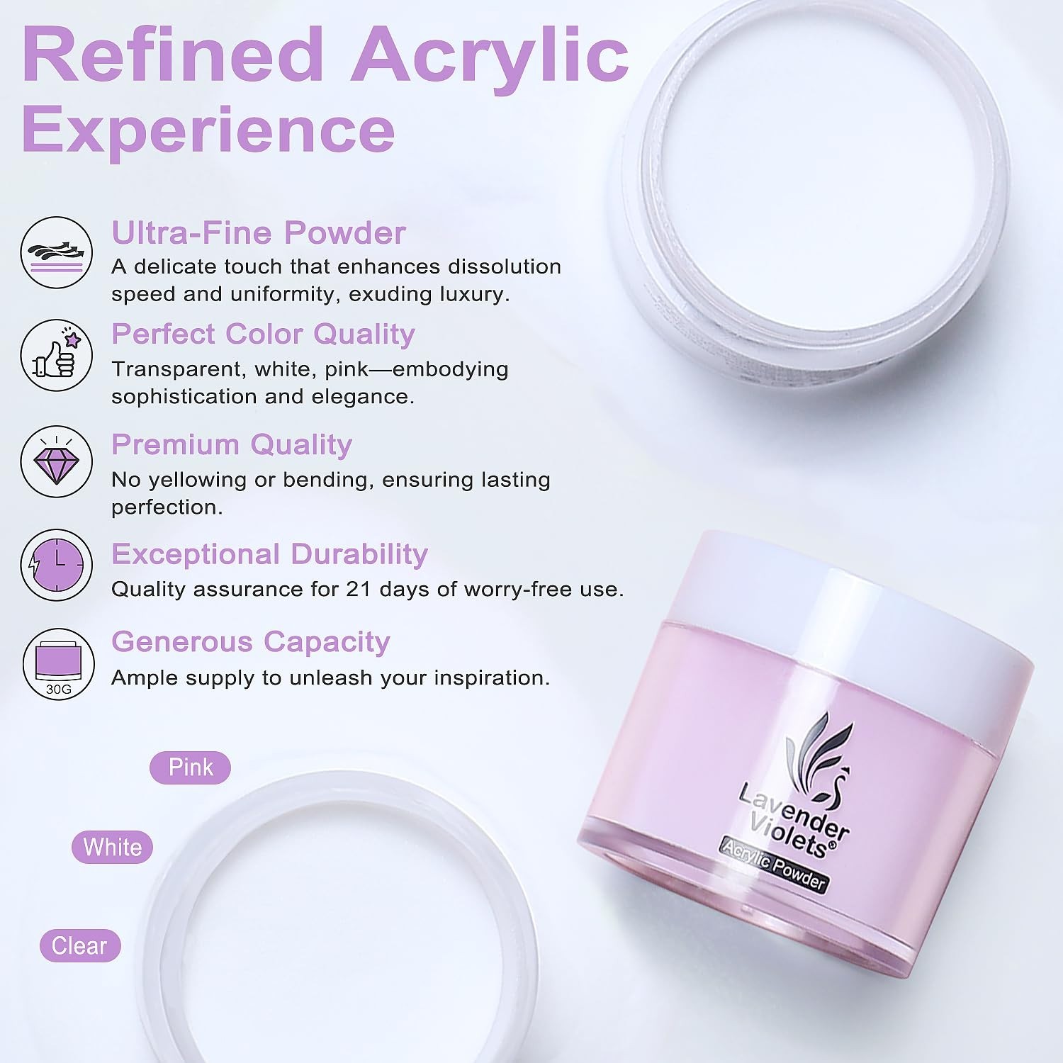 Acrylic Nail Kit – 30g x3 Clear, White, Pink Powder & 80ml Monomer Liquid Set