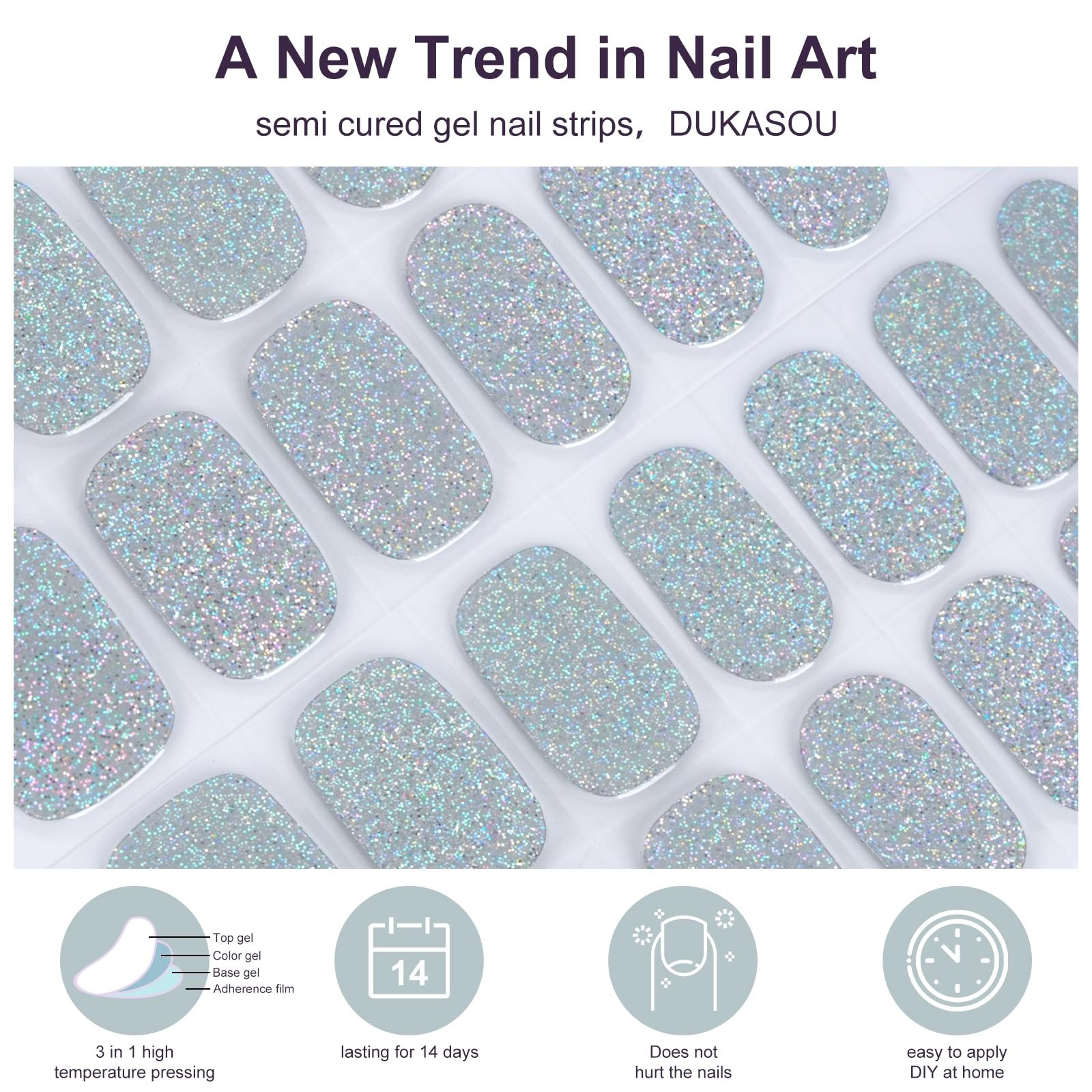 Semi Cured Gel Nail Strips,28 pcs Glitter Gel Nail Stickers with UV Light Req…