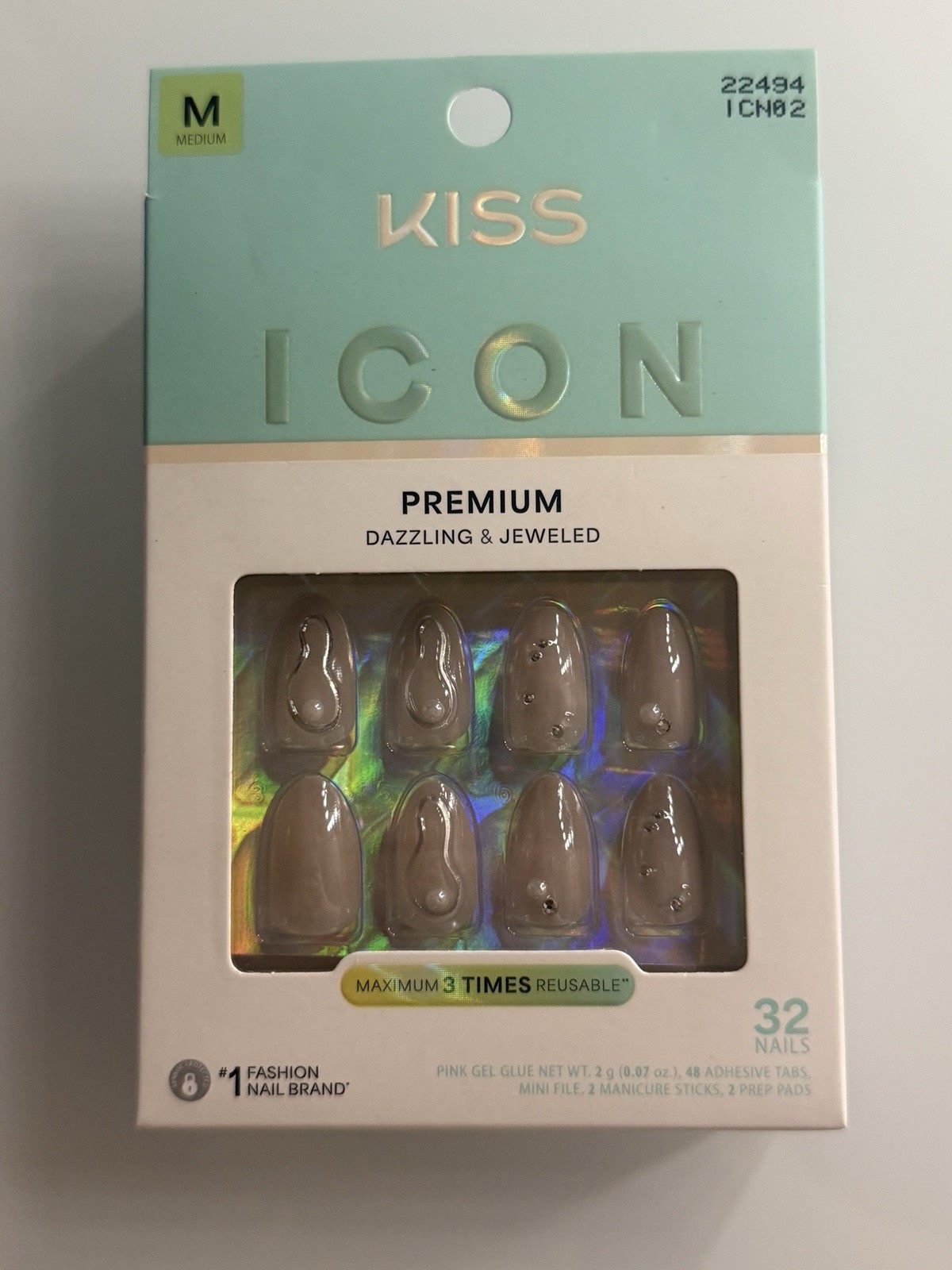 Kiss ICON Premium Dazzling & Jeweled Beige Medium Almond Press-On Nails Reusable