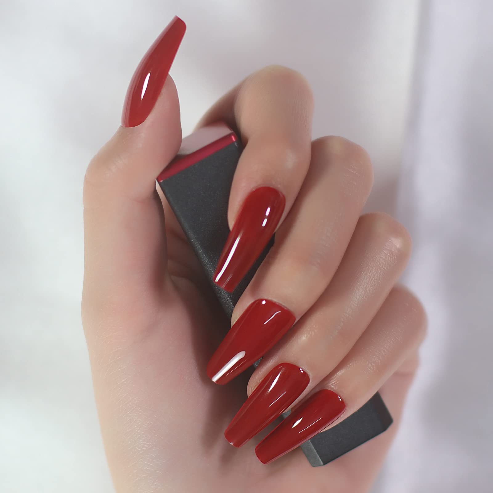 Glossy Red Press on Nails Medium Length Coffin False Nail Tips Reusable Full …