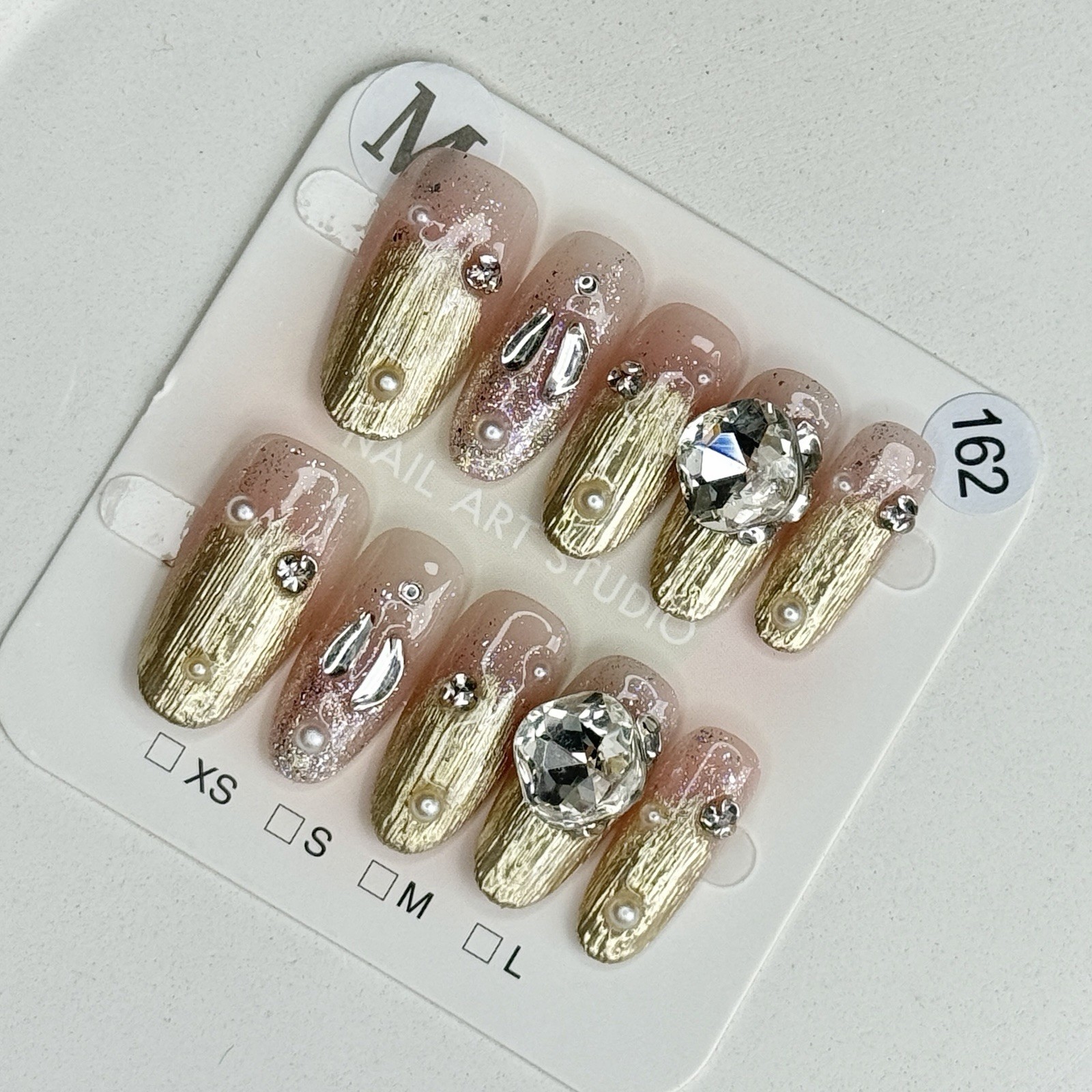 Handmade Pink Rhinestone Ring Press-On Nails Medium Oval SizeM Reusable