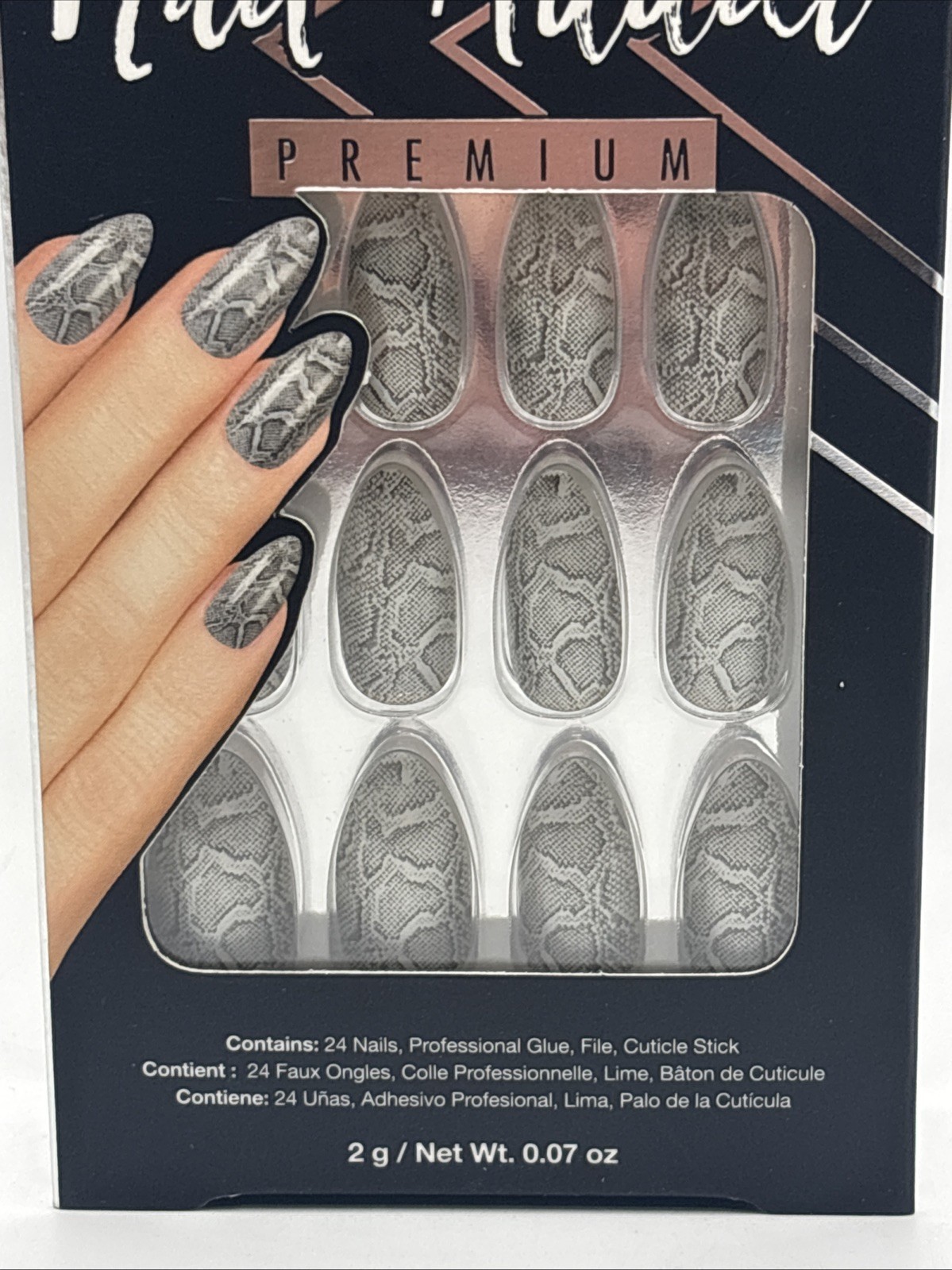 Ardell Nail Addict 24 Nails PREMIUM Medium Almond Glossy Silver+Gray SNAKE SKIN