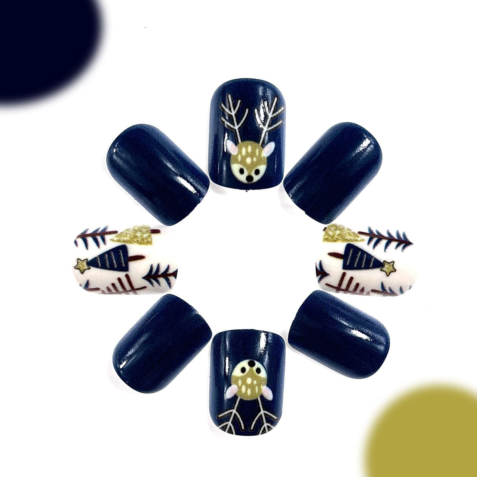 CHAONENG Milu Deer Christmas Press On Nails Short Square Blue 24Pcs