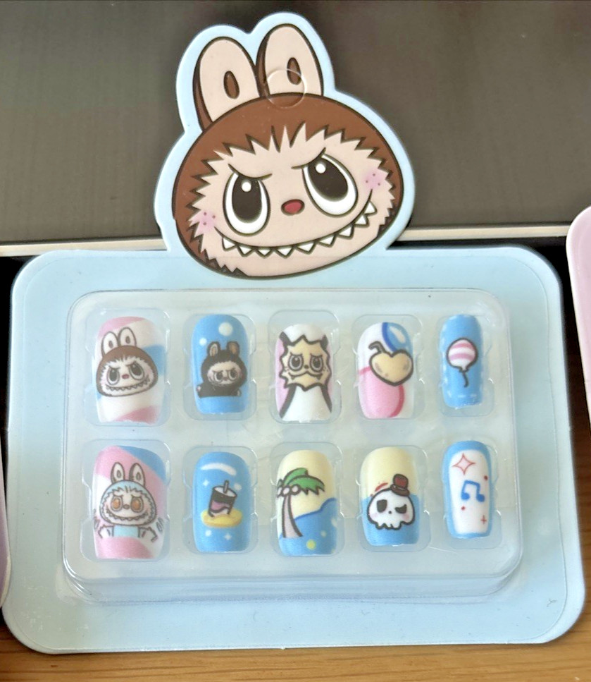 Kids Press on Nails Short Square Cute “Labubu” Design Colorful Minis – 9 Packs