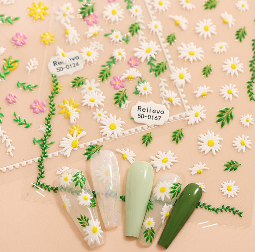5D Embossed Petal Daisy Flower Heart Bear Snowflake Nail Stickers Manicure NS54