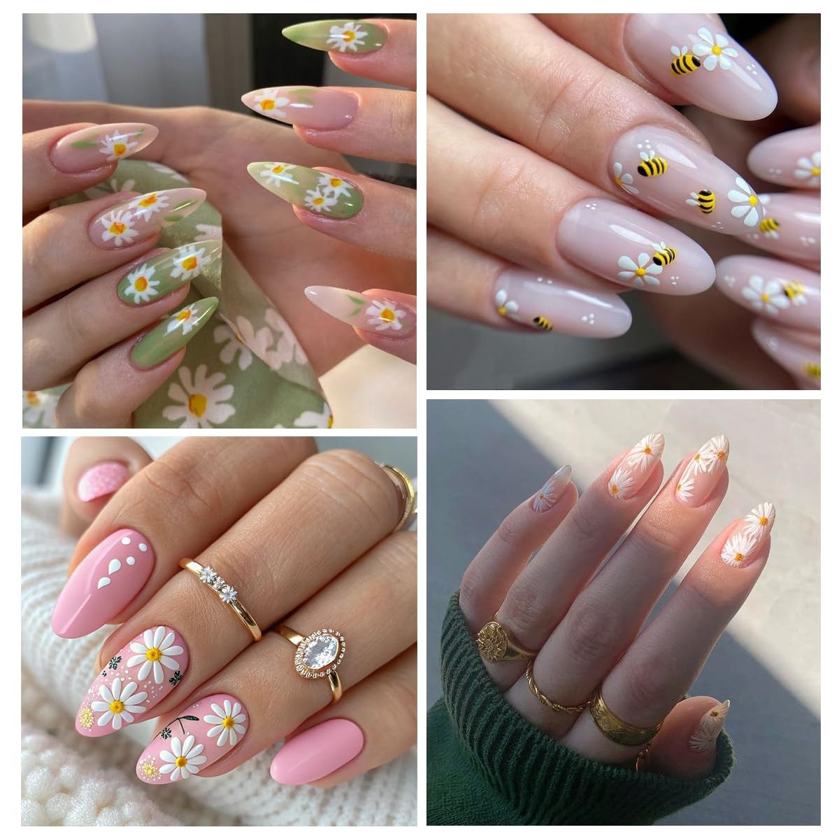 Flower Nail Art Stickers 5D Embossed Cute Bee Nails Decals Spring Daisy Desig…