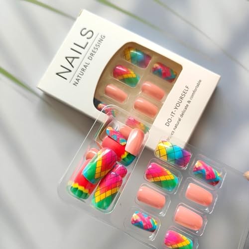 Square Press on Nails Colorful Rhombus Plaid Design Fake Nails Medium Style 8