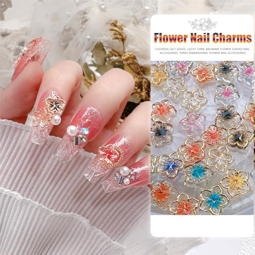 50Pcs Flower Nail Charms 3D Lovely Flower Charms Nail Rhinestones Gold Edge
