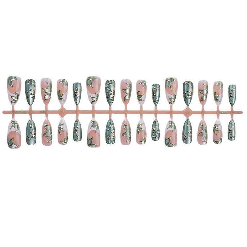 60Pcs Gold Leaf Pearl Press on Nails,Medium Almond Green Nude Elegant Fake Nails