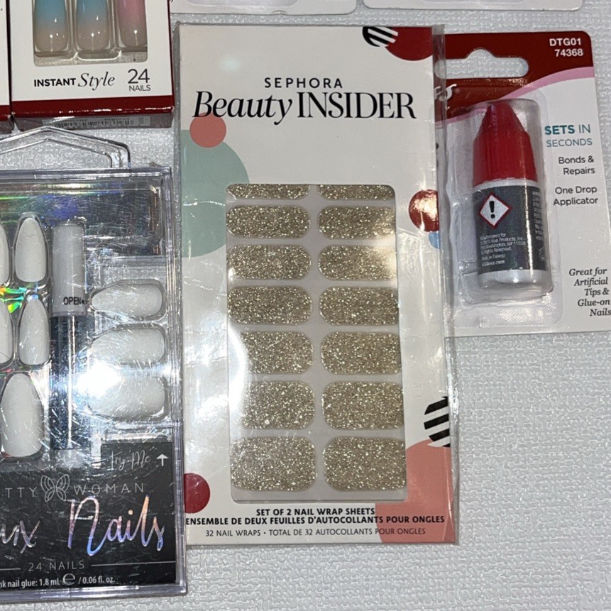 Large Press On Fake Nail & Nail Glue Lot 9 NEW items 109 Nails 2 Nail Wrap Sheet