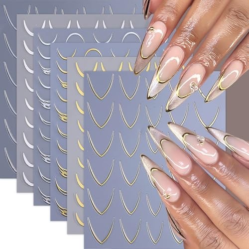 6 Sheets French Stripe Line Nail Stickers Metallic Stripe Lines french tip line