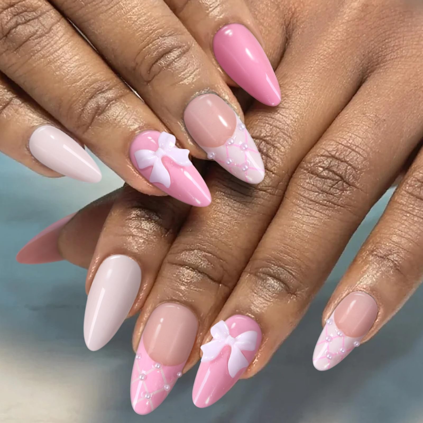 Light Pink French Tip Press on Nails – Medium Almond Nude Fake Nails with 3D …