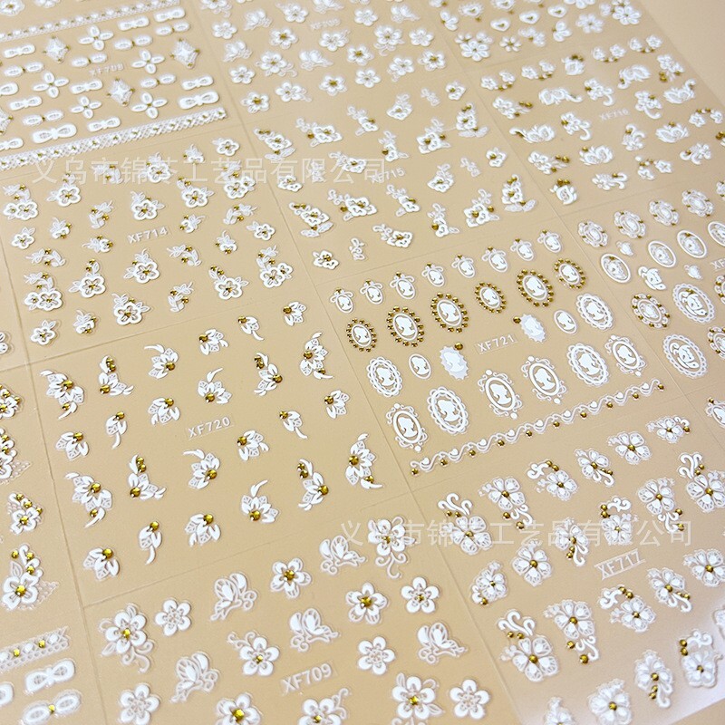 10sheets White Lace Daisy Flower Gold Rhinestones Nail Art Stickers Decor XF